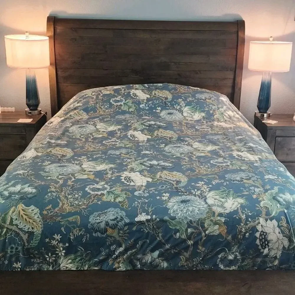 Pottery Barn Dahlia Floral Percale Blue Cotton California King Duvet Cover